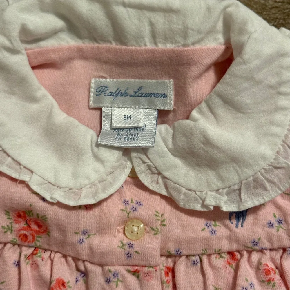 Ralph Lauren Baby Girl Pink Floral Footed Sleeper Peter Pan Collar 3M